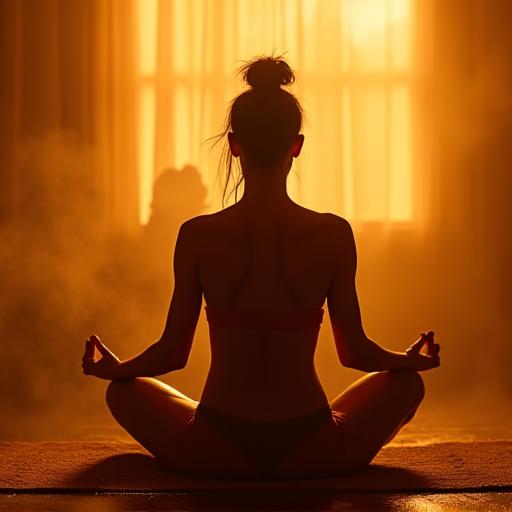A person practicing hot yoga in a steamy room