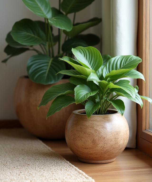 A peaceful corner of the studio showing wood textures and green plants